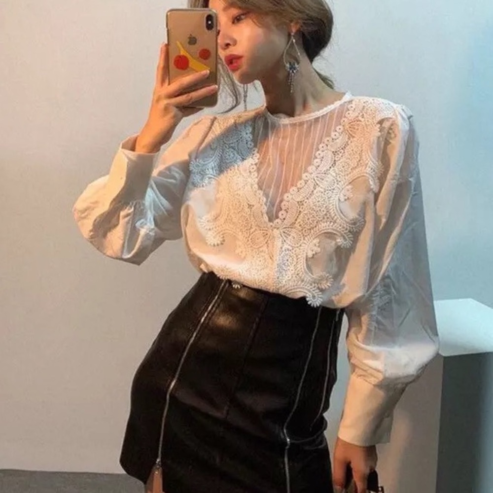 White lace blouse mesh puff sleeve long sleeve shirt womens